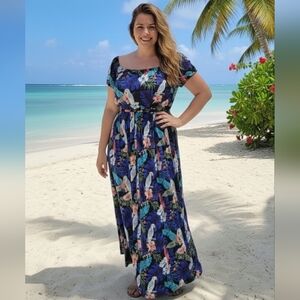 SHEIN Curve Tropical Floral Parrot Maxi Dress - Double Slit Blue 1X